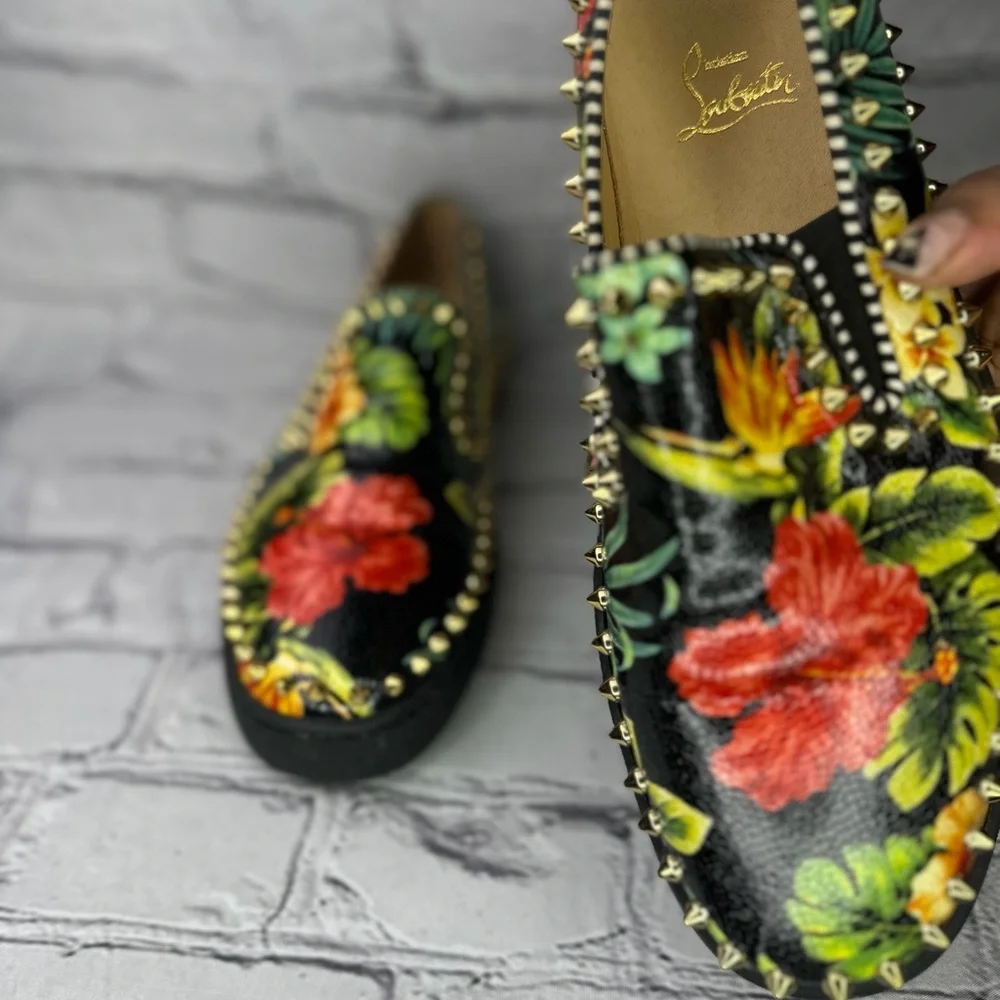 Christian Louboutin Men’s Hawaii Pik Boat Black Spiked Floral Slip-ons Size